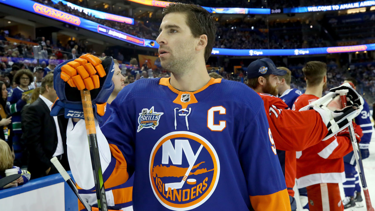 TAMPA, FL - JANUARY 27: John Tavares #91 of the New York Islanders looks on during the Enterprise NHL Fastest Skater during the 2018 GEICO NHL All-Star Skills Competition at Amalie Arena on January 27, 2018 in Tampa, Florida.