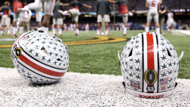 NEW ORLEANS, LA - JANUARY 01: Ezekiel Elliott #15 of the Ohio State Buckeye helmet is seen on the sidelines prior to the start of the game during the All State Sugar Bowl at the Mercedes-Benz Superdome on January 1, 2015 in New Orleans, Louisiana.