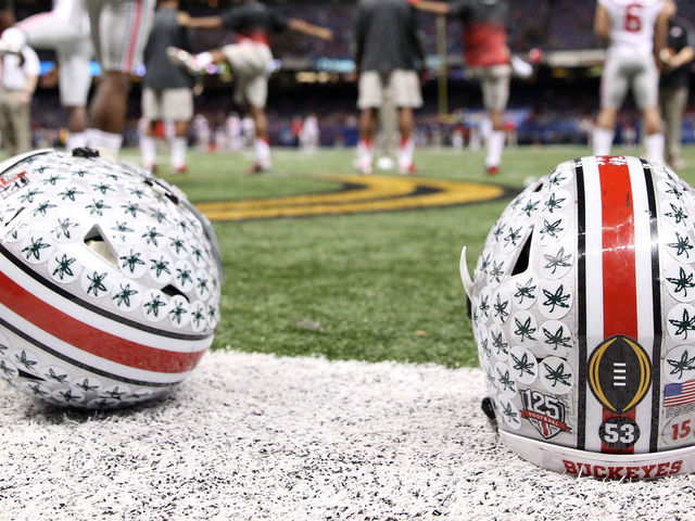 NEW ORLEANS, LA - JANUARY 01: Ezekiel Elliott #15 of the Ohio State Buckeye helmet is seen on the sidelines prior to the start of the game during the All State Sugar Bowl at the Mercedes-Benz Superdome on January 1, 2015 in New Orleans, Louisiana.