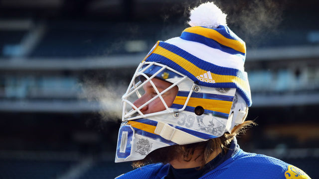 NEW YORK, NY - DECEMBER 31: Robin Lehner #40 of the Buffalo Sabres practices at Citi Field on December 31, 2017 in the Flushing neighborhood of the Queens borough of New York City. The team will take part in the 2018 Bridgestone NHL Winter Classic on New Years Day.
