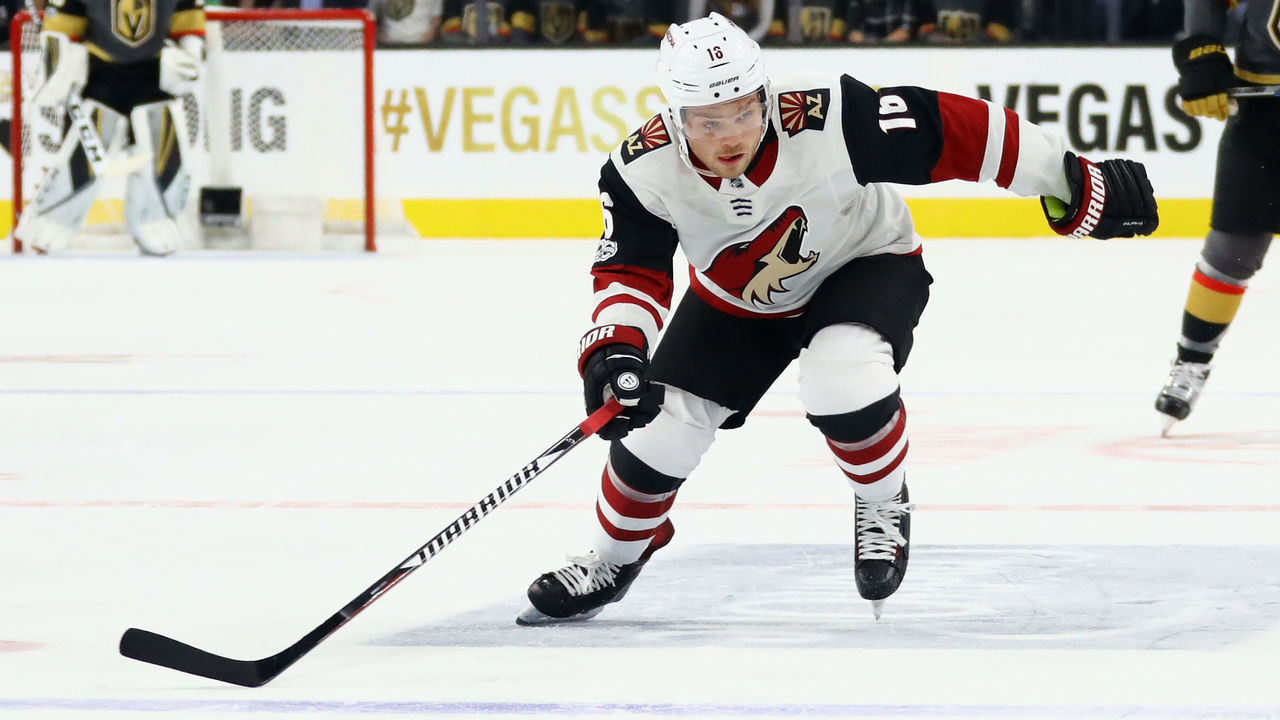 LAS VEGAS, NV - OCTOBER 10: Max Domi #16 of the Arizona Coyotes skates against the Vegas Golden Knights during the Golden Knights' inaugural regular-season home opener at T-Mobile Arena on October 10, 2017 in Las Vegas, Nevada. The Golden Knights defeated the Coyotes 5-2.