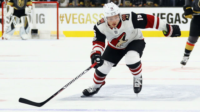 LAS VEGAS, NV - OCTOBER 10: Max Domi #16 of the Arizona Coyotes skates against the Vegas Golden Knights during the Golden Knights' inaugural regular-season home opener at T-Mobile Arena on October 10, 2017 in Las Vegas, Nevada. The Golden Knights defeated the Coyotes 5-2.