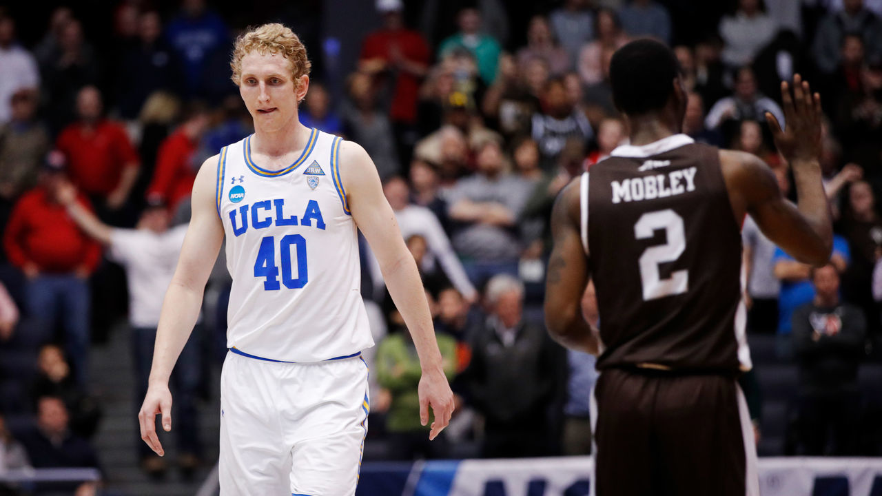 DAYTON, OH - MARCH 13: Thomas Welsh #40 of the UCLA Bruins reacts late in the game against the St. Bonaventure Bonnies during the second half of the First Four game in the 2018 NCAA Men's Basketball Tournament at UD Arena on March 13, 2018 in Dayton, Ohio. The St. Bonaventure Bonnies defeated the UCLA Bruins 65-58.