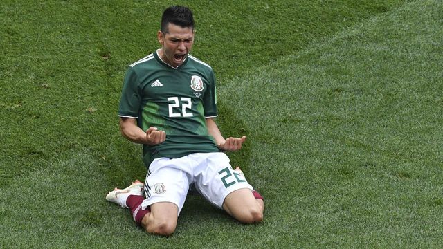 TOPSHOT - Mexico's forward Hirving Lozano celebrates after scoring during the Russia 2018 World Cup Group F football match between Germany and Mexico at the Luzhniki Stadium in Moscow on June 17, 2018.