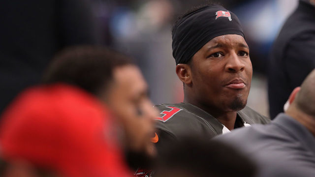 GLENDALE, AZ - OCTOBER 15: Quarterback Jameis Winston #3 of the Tampa Bay Buccaneers sits on the bench during the NFL game against the Arizona Cardinals at the University of Phoenix Stadium on October 15, 2017 in Glendale, Arizona.