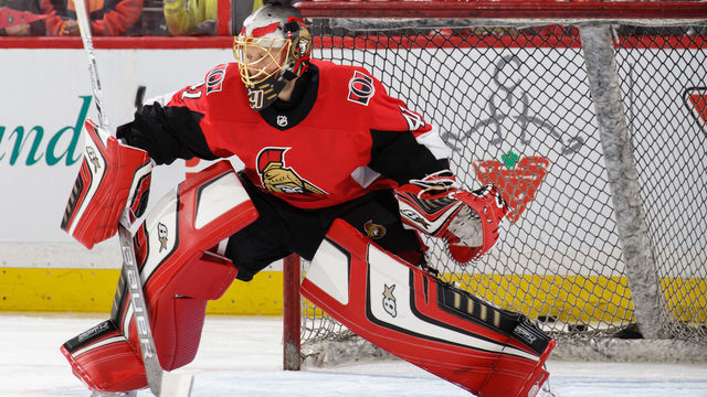 OTTAWA, ON - MARCH 9: Craig Anderson #41 of the Ottawa Senators makes a save during warmups prior to a game against the Calgary Flames at Canadian Tire Centre on March 9, 2018 in Ottawa, Ontario, Canada. *** Local Caption ***