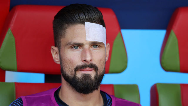 KAZAN, RUSSIA - JUNE 16: Olivier Giroud of France looks on from the bench during the 2018 FIFA World Cup Russia group C match between France and Australia at Kazan Arena on June 16, 2018 in Kazan, Russia.