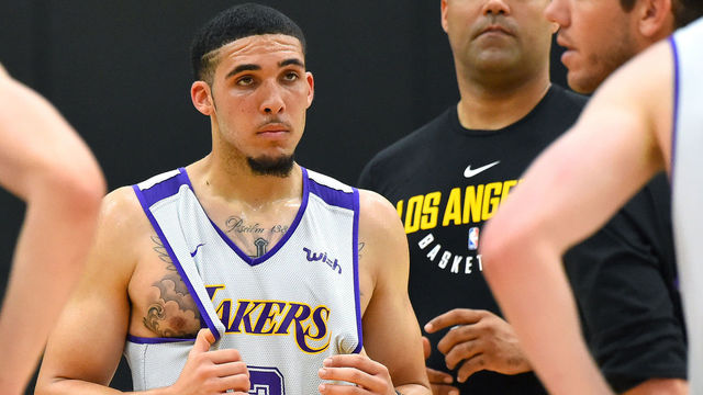 LOS ANGELES, CA - MAY 29: LiAngelo Ball #2 stands on the court as he listens to head coach Luke Walton of the Los Angeles Lakers during the Los Angeles Lakers 2018 NBA Pre-Draft Workout on May 29, 2018 in Los Angeles, California.