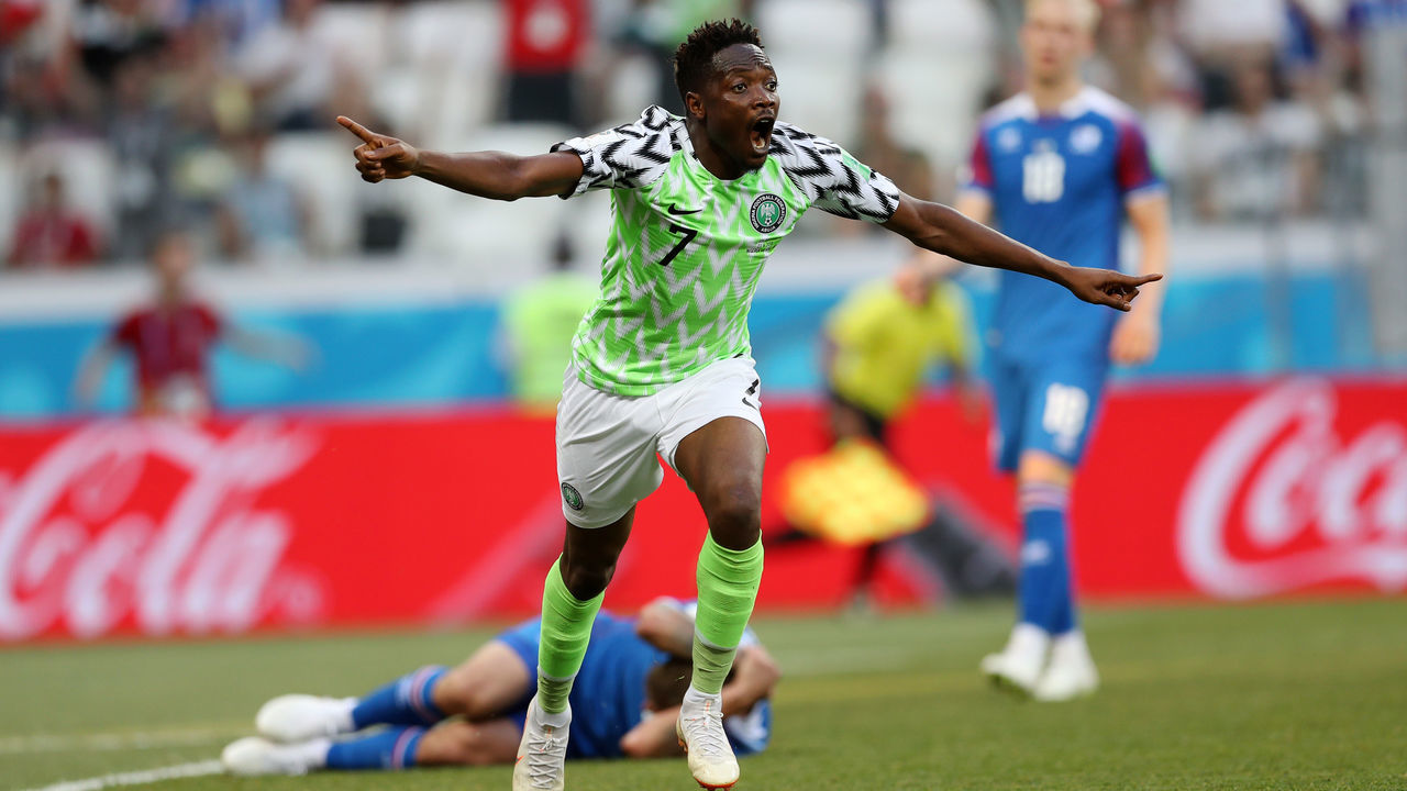 VOLGOGRAD, RUSSIA - JUNE 22: Ahmed Musa of Nigeria celebrates after scoring his team's first goal during the 2018 FIFA World Cup Russia group D match between Nigeria and Iceland at Volgograd Arena on June 22, 2018 in Volgograd, Russia.