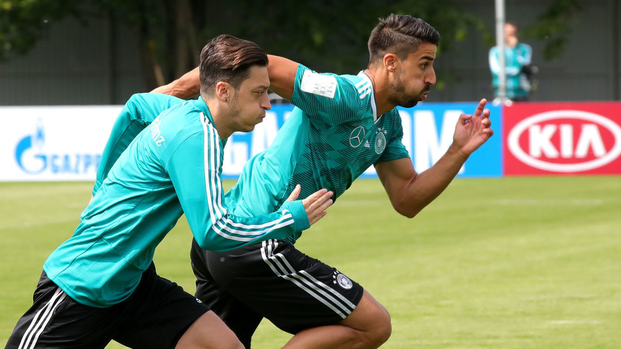 MOSCOW, RUSSIA - JUNE 14: Mesut Oezil of Germany and Sami Khedira of Germany train during the Germany training session ahead of the 2018 FIFA World Cup at CSKA Sports Base on June 14, 2018 in Moscow, Russia.