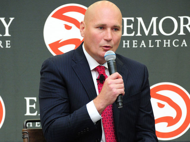 BROOKHAVEN, GA - MAY 14: General Manage Travis Schlenk of the Atlanta speaks to the media during Lloyd Pierce's introductory press conference on May 14, 2018 at the Emory Sports Medicine Complex in Brookhaven, Georgia. NOTE TO USER: User expressly acknowledges and agrees that, by downloading and/or using this photograph, user is consenting to the terms and conditions of the Getty Images License Agreement. Mandatory Copyright Notice: Copyright 2018 NBAE