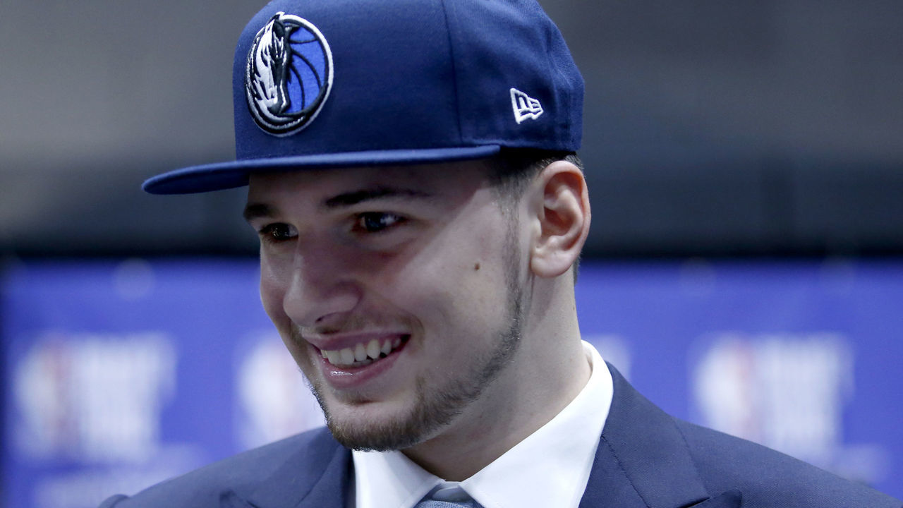 BROOKLYN, NY - JUNE 21: Luka Doncic talks with media after being selected third overall during the 2018 NBA Draft on June 21, 2018 at Barclays Center in Brooklyn, New York. Mandatory Copyright Notice: Copyright 2018 NBAE