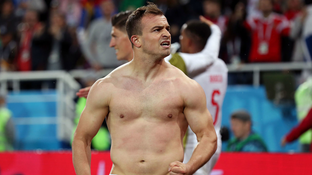 KALININGRAD, RUSSIA - JUNE 22: Xherdan Shaqiri of Switzerland celebrates after scoring his team's second goal during the 2018 FIFA World Cup Russia group E match between Serbia and Switzerland at Kaliningrad Stadium on June 22, 2018 in Kaliningrad, Russia.