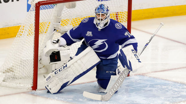 TAMPA, FL - MAY 11: Louis Domingue #70 of the Tampa Bay Lightning in net against the Washington Capitals during the third period in Game One of the Eastern Conference Finals during the 2018 NHL Stanley Cup Playoffs at Amalie Arena on May 11, 2018 in Tampa, Florida.