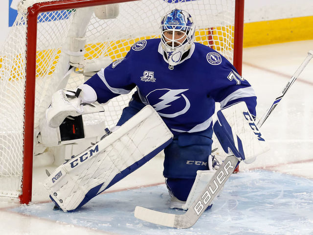 TAMPA, FL - MAY 11: Louis Domingue #70 of the Tampa Bay Lightning in net against the Washington Capitals during the third period in Game One of the Eastern Conference Finals during the 2018 NHL Stanley Cup Playoffs at Amalie Arena on May 11, 2018 in Tampa, Florida.