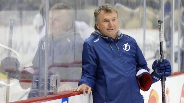 PITTSBURGH, PA - MAY 15: Associate coach Rick Bowness of the Tampa Bay Lightning helps conduct an off-day practice session prior to Game Two of the Eastern Conference Final against the Pittsburgh Penguins during the 2016 NHL Stanley Cup Playoffs on May 15, 2016 at the Consol Energy Center in Pittsburgh, Pennsylvania.