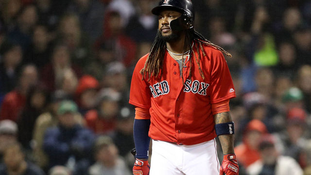 BOSTON, MA - APRIL 27: Hanley Ramirez #13 of the Boston Red Sox reacts after striking out during the sixth inning against the Tampa Bay Rays at Fenway Park on April 27, 2018 in Boston, Massachusetts.