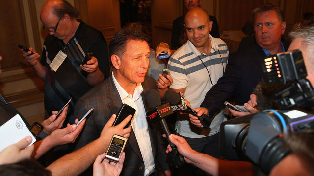 LAS VEGAS, NV - JUNE 23: General manager Ken Holland of the Detroit Red Wings speaks with the media following the NHL general managers meetings at the Bellagio Las Vegas on June 23, 2015 in Las Vegas, Nevada.