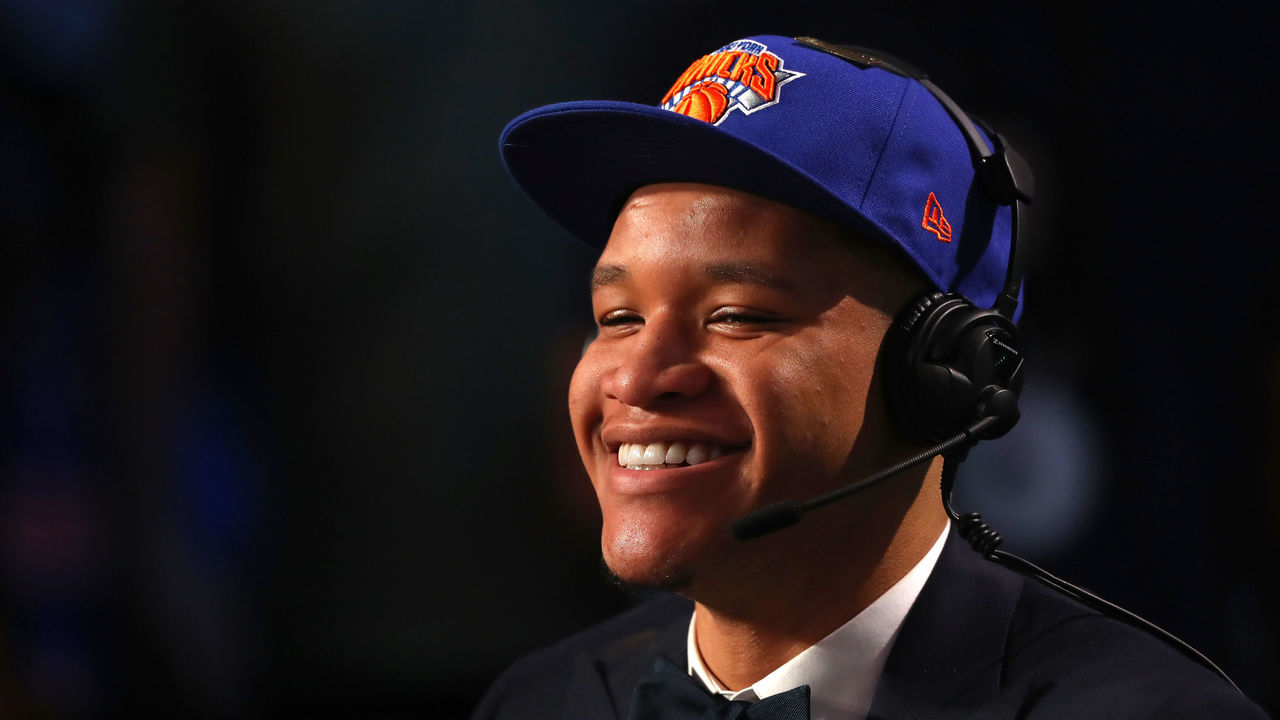 NEW YORK, NY - JUNE 21: Kevin Knox speaks with media after being drafted ninth overall by the New York Knicks during the 2018 NBA Draft at the Barclays Center on June 21, 2018 in the Brooklyn borough of New York City.