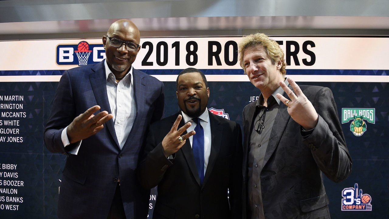 LOS ANGELES, CA - APRIL 12: Commissioner Clyde Drexler (L) poses with BIG3 founders Ice Cube (C) and Jeff Kwatinetz after the BIG3 2018 Player Draft at Fox Sports Studio on April 12, 2018 in Los Angeles, California. *** Local Caption *** Clyde Drexler; Ice Cube; Jeff Kwatinetz