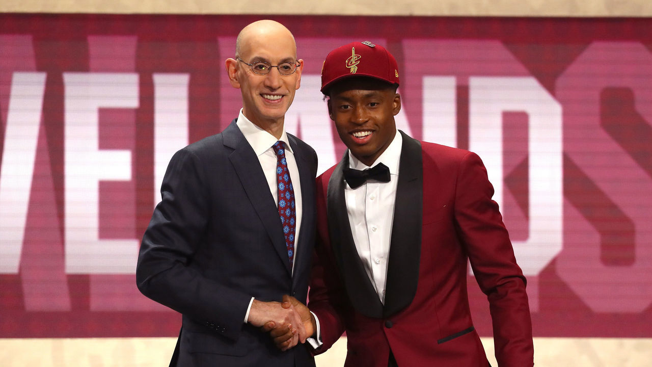 NEW YORK, NY - JUNE 21: Collin Sexton poses with NBA Commissioner Adam Silver after being drafted eighth overall by the Cleveland Cavaliers during the 2018 NBA Draft at the Barclays Center on June 21, 2018 in the Brooklyn borough of New York City.