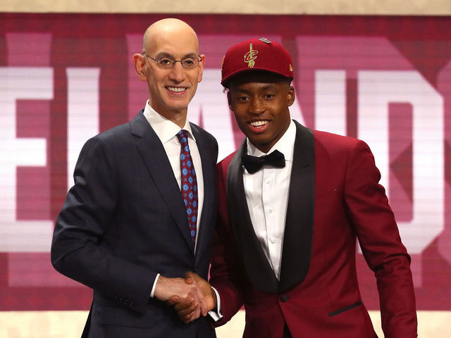 NEW YORK, NY - JUNE 21: Collin Sexton poses with NBA Commissioner Adam Silver after being drafted eighth overall by the Cleveland Cavaliers during the 2018 NBA Draft at the Barclays Center on June 21, 2018 in the Brooklyn borough of New York City.