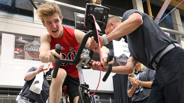 BUFFALO, NY - JUNE 2: Vitali Kravtsov performs the Wingate cycle test during the NHL Scouting Combine on June 2, 2018 at HarborCenter in Buffalo, New York.