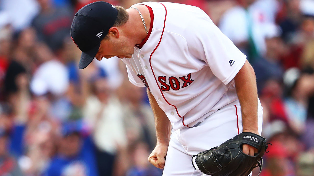 BOSTON, MA - APRIL 29: Steven Wright #35 of the Boston Red Sox reacts after Anthony Rizzo #44 of the Chicago Cubs hit a two-run homer during the fourth inning at Fenway Park on April 29, 2017 in Boston, Massachusetts.