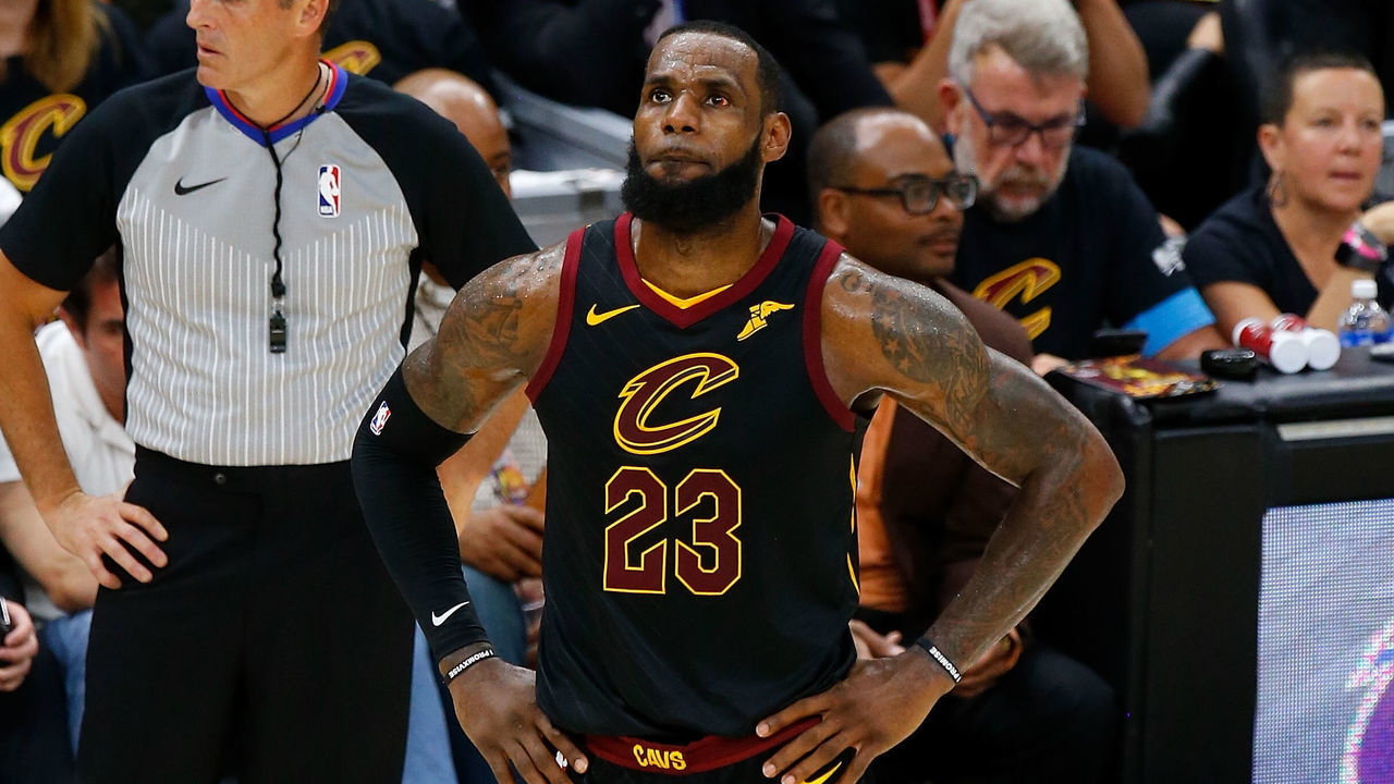 CLEVELAND, OH - JUNE 08: LeBron James #23 of the Cleveland Cavaliers reacts against the Golden State Warriors during Game Four of the 2018 NBA Finals at Quicken Loans Arena on June 8, 2018 in Cleveland, Ohio.