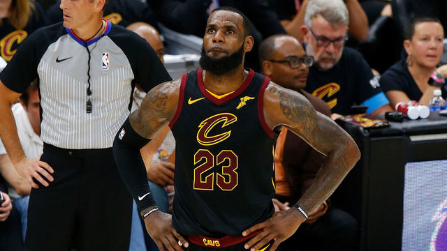 CLEVELAND, OH - JUNE 08: LeBron James #23 of the Cleveland Cavaliers reacts against the Golden State Warriors during Game Four of the 2018 NBA Finals at Quicken Loans Arena on June 8, 2018 in Cleveland, Ohio.