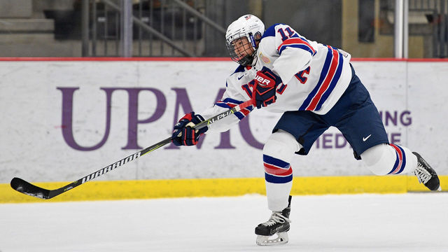 CRANBERRY TOWNSHIP, PA - SEPTEMBER 30: Jay O'Brien #11 of Team USA attempts a shot in the first period during the game against the Omaha Lancers on Day 3 of the USHL Fall Classic at UPMC Lemieux Sports Complex on September 30, 2017 in Cranberry Township, Pennsylvania.