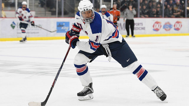 CRANBERRY TOWNSHIP, PA - SEPTEMBER 30: K'Andre Miller #19 of Team USA skates in the second period during the game against the Omaha Lancers on Day 3 of the USHL Fall Classic at UPMC Lemieux Sports Complex on September 30, 2017 in Cranberry Township, Pennsylvania.