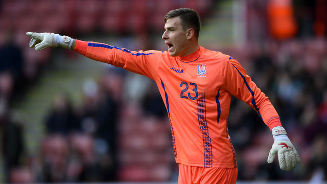 Andriy Lunin of Ukraine during the U21 European Championship Qualifier between England U21 and Ukraine U21 at Bramall Lane on March 27, 2018 in Sheffield, England.