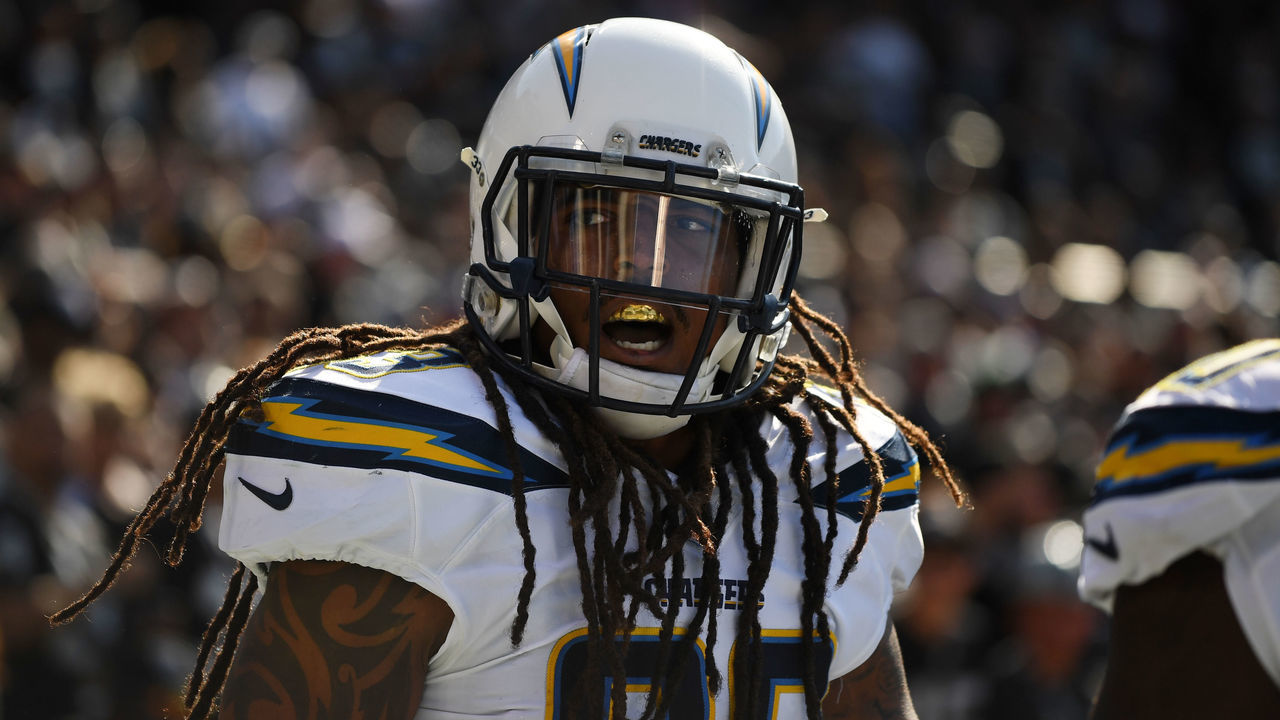 OAKLAND, CA - OCTOBER 15: Tre Boston #33 of the Los Angeles Chargers reacts to a play against the Oakland Raiders during their NFL game at Oakland-Alameda County Coliseum on October 15, 2017 in Oakland, California.