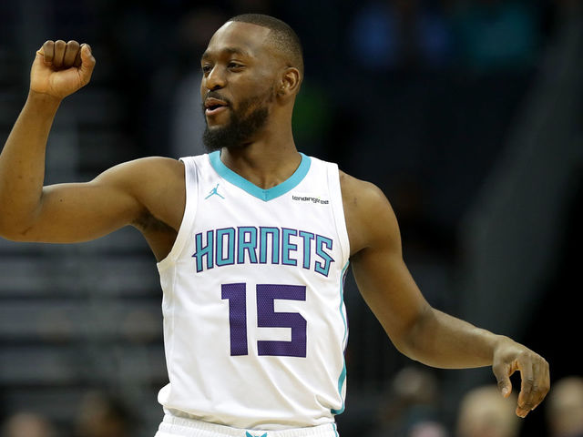 CHARLOTTE, NC - FEBRUARY 27: Kemba Walker #15 of the Charlotte Hornets prepares for their game against the Chicago Bulls at Spectrum Center on February 27, 2018 in Charlotte, North Carolina.