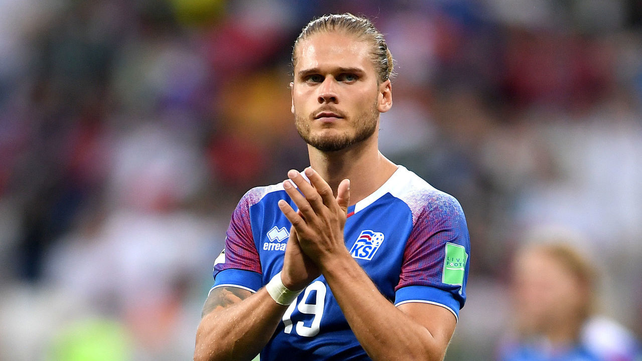 VOLGOGRAD, RUSSIA - JUNE 22: Rurik Gislason of Iceland applauds fans after the 2018 FIFA World Cup Russia group D match between Nigeria and Iceland at Volgograd Arena on June 22, 2018 in Volgograd, Russia.