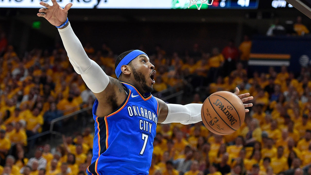 SALT LAKE CITY, UT - APRIL 21: Carmelo Anthony #7 of the Oklahoma City Thunder reacts to his basket in the first half during Game Three of Round One of the 2018 NBA Playoffs against the Utah Jazz at Vivint Smart Home Arena on April 21, 2018 in Salt Lake City, Utah.