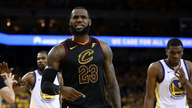 OAKLAND, CA - MAY 31: LeBron James #23 of the Cleveland Cavaliers reacts against the Golden State Warriors during the second half in Game 1 of the 2018 NBA Finals at ORACLE Arena on May 31, 2018 in Oakland, California.