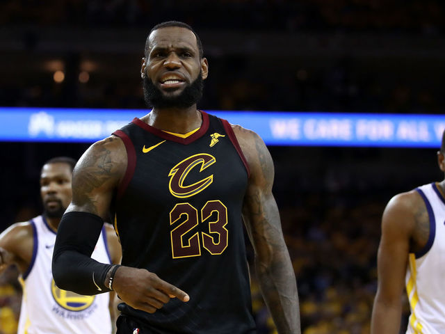 OAKLAND, CA - MAY 31: LeBron James #23 of the Cleveland Cavaliers reacts against the Golden State Warriors during the second half in Game 1 of the 2018 NBA Finals at ORACLE Arena on May 31, 2018 in Oakland, California.
