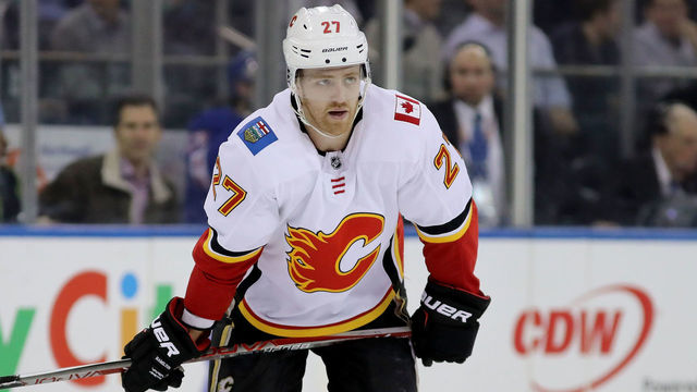 NEW YORK, NY - FEBRUARY 09: Dougie Hamilton #27 of the Calgary Flames reacts in the third period against the New York Rangers during their game at Madison Square Garden on February 9, 2018 in New York City.