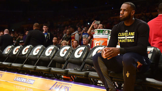 LOS ANGELES, CA - MARCH 19: LeBron James #23 of the Cleveland Cavaliers waits for the start of the game against the Los Angeles Lakers at Staples Center on March 19, 2017 in Los Angeles, California.