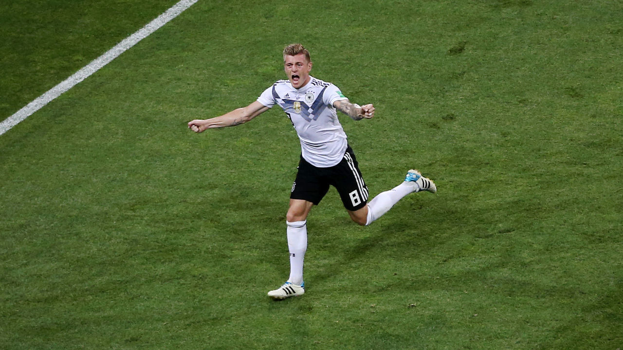 SOCHI, RUSSIA - JUNE 23: Toni Kroos of Germany celebrates scoring his sides winning goal during the 2018 FIFA World Cup Russia group F match between Germany and Sweden at Fisht Stadium on June 23, 2018 in Sochi, Russia.