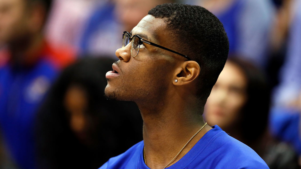LAWRENCE, KS - NOVEMBER 28: Billy Preston #23 of the Kansas Jayhawks watches from the bench during the game against the Toledo Rockets at Allen Fieldhouse on November 28, 2017 in Lawrence, Kansas.