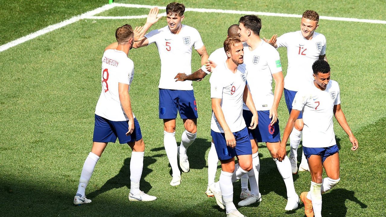 England's defender John Stones (2L) celebrates his goal with teammates during the Russia 2018 World Cup Group G football match between England and Panama at the Nizhny Novgorod Stadium in Nizhny Novgorod on June 24, 2018.