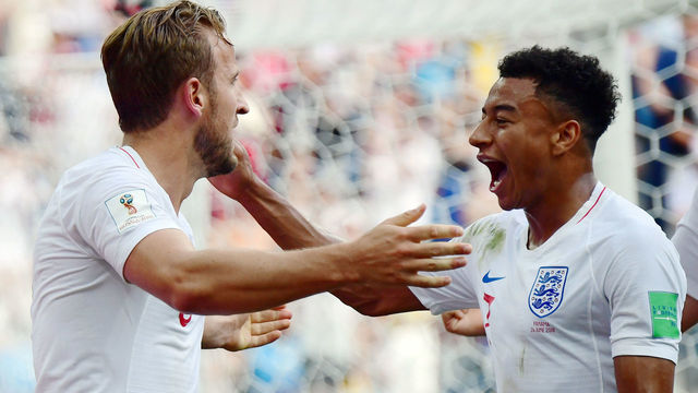 England's forward Harry Kane (L) celebrates with England's midfielder Jesse Lingard (R) after scoring a penalty during the Russia 2018 World Cup Group G football match between England and Panama at the Nizhny Novgorod Stadium in Nizhny Novgorod on June 24, 2018.