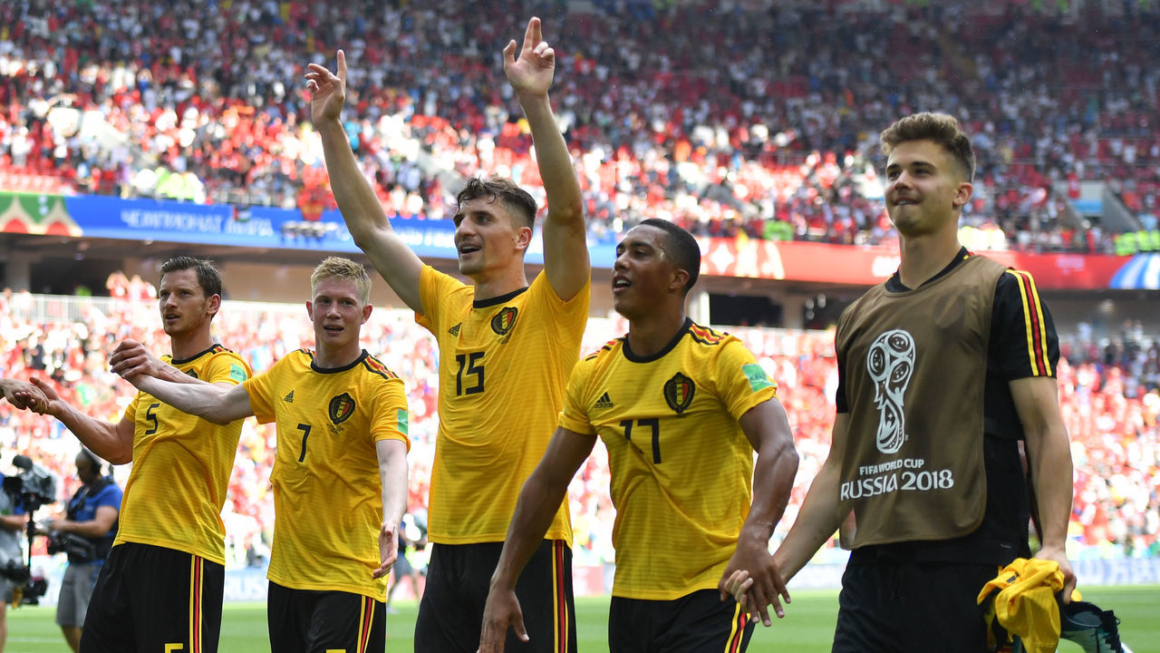 Belgium's players celebrate at the end of the Russia 2018 World Cup Group G football match between Belgium and Tunisia at the Spartak Stadium in Moscow on June 23, 2018.