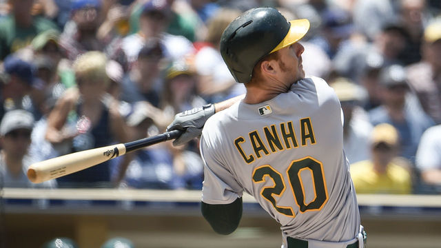 SAN DIEGO, CA - JUNE 20: Mark Canha #20 of the Oakland Athletics hits a solo home run during the third inning of a baseball game against the San Diego Padres at PETCO Park on June 20, 2018 in San Diego, California.