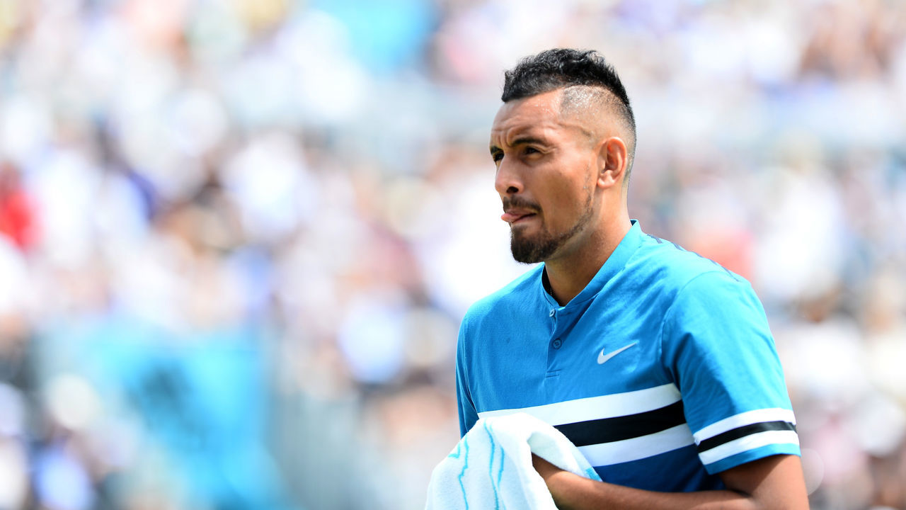 LONDON, ENGLAND - JUNE 23: Nick Kyrgios of Australia during the semi final match against Marin Cilic of Croatia during Day six of the Fever-Tree Championships at Queens Club on June 23, 2018 in London, United Kingdom.
