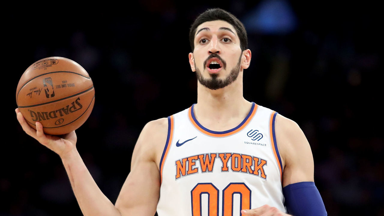 NEW YORK, NY - FEBRUARY 14: Enes Kanter #00 of the New York Knicks reacts in the second half against the Washington Wizards during their game at Madison Square Garden on February 14, 2018 in New York City.