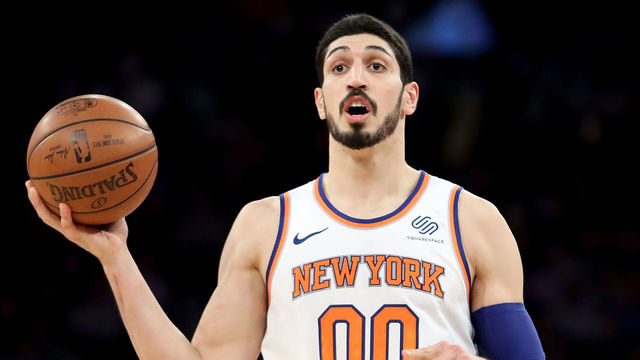 NEW YORK, NY - FEBRUARY 14: Enes Kanter #00 of the New York Knicks reacts in the second half against the Washington Wizards during their game at Madison Square Garden on February 14, 2018 in New York City.